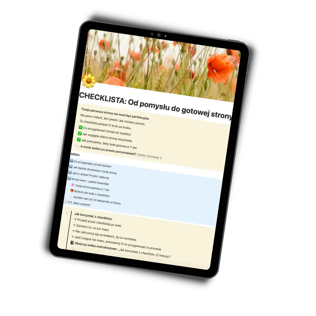Mockup checklisty od pomysłu do gotowej strony internetowej na tablecie, planowanie strony krok po kroku