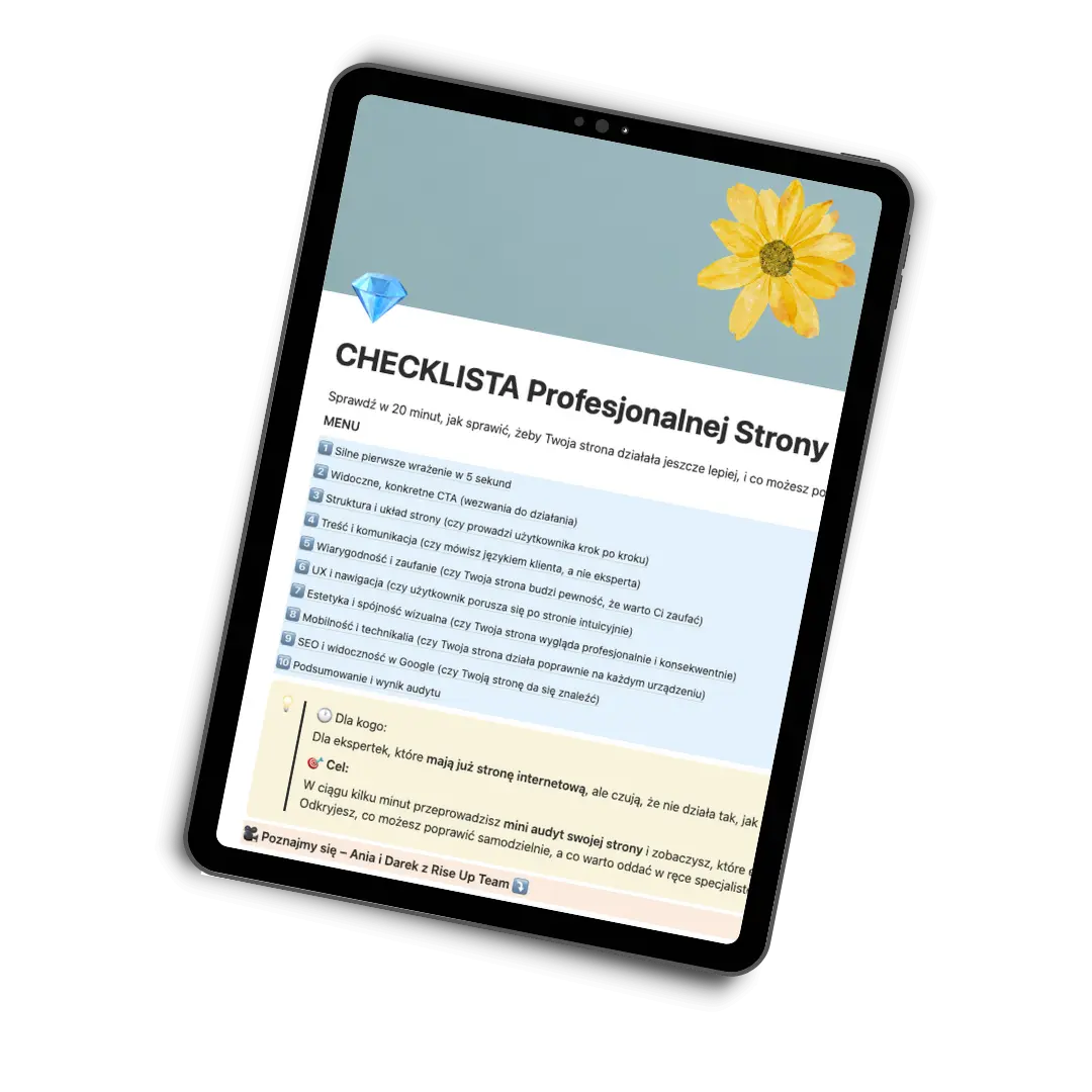 Mockup checklisty profesjonalnej strony ekspertki widoczny na tablecie, audyt strony internetowej krok po kroku