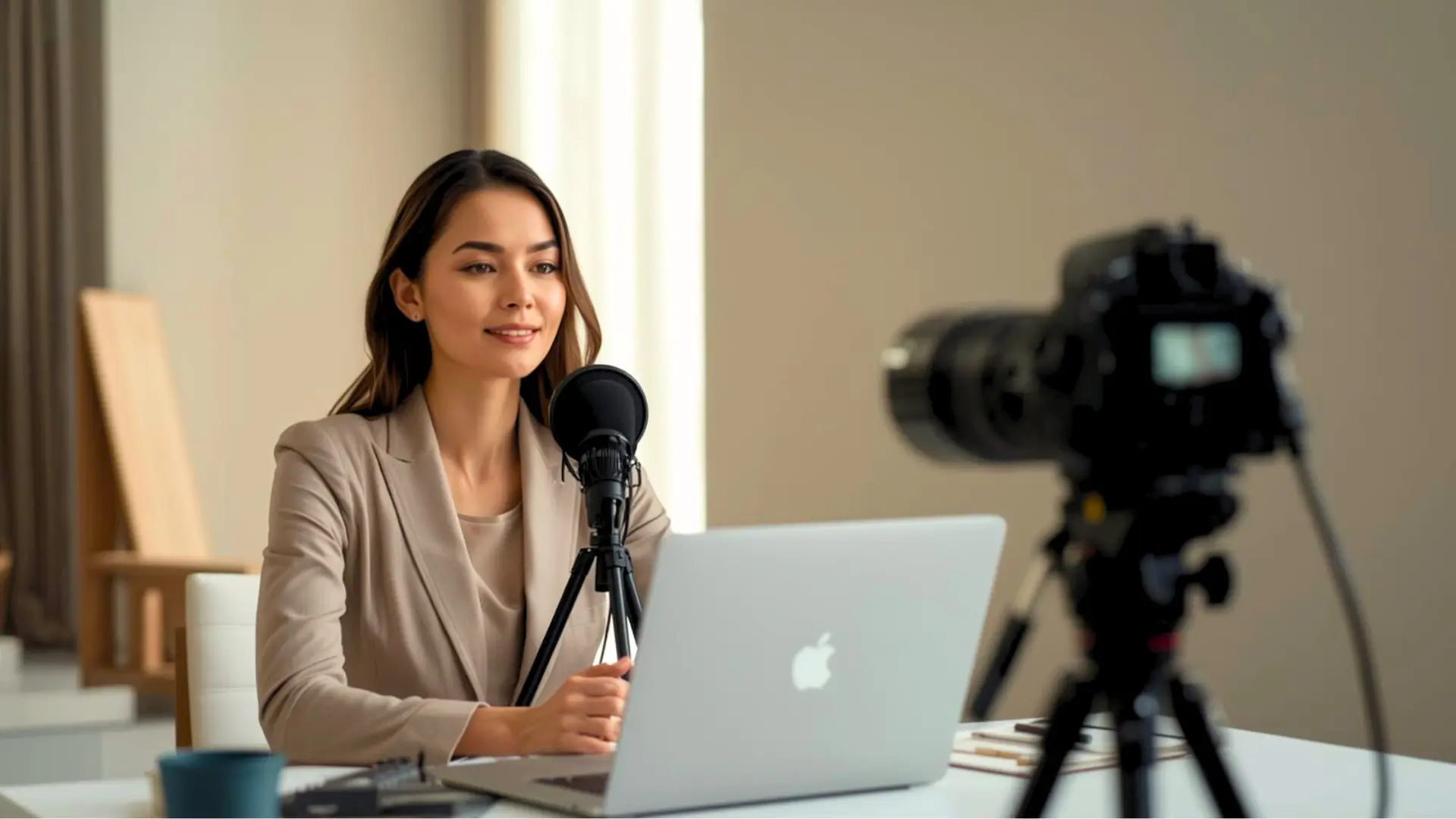 Ekspertka nagrywająca profesjonalne wideo do budowania marki osobistej przy użyciu kamery i mikrofonu w biurze.